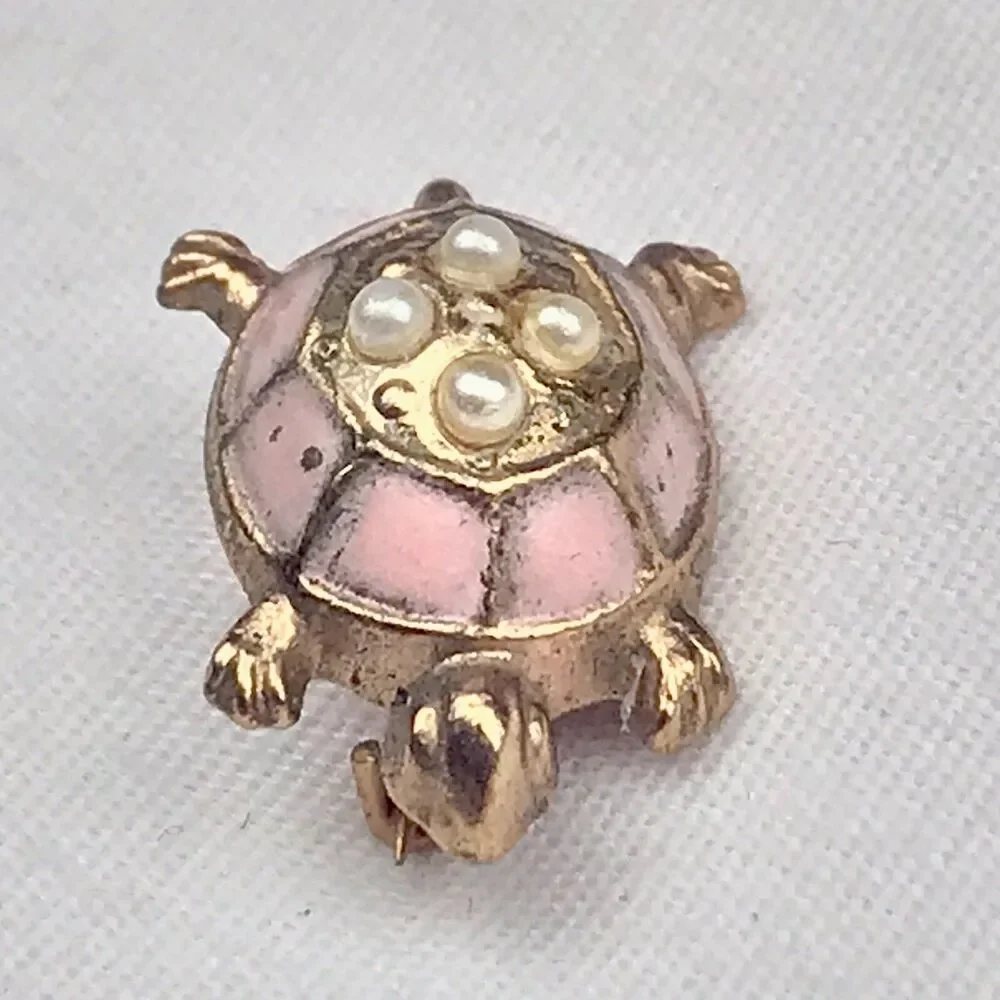 Turtle Pin Brooch Fancy Shell Enamel Jeweled Vintage